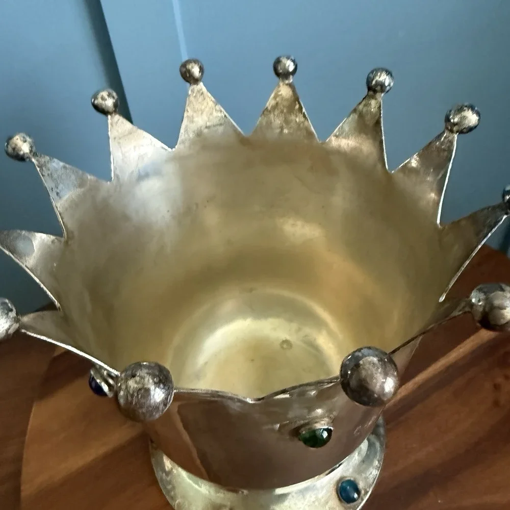 Vintage Jeweled Crown Ice Bucket Silver Plate Mid Century Barware Carnival Queen